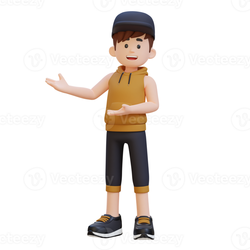 3D Sportsman Character Embracing Confidence with a Dynamic Hand Presentation Pose png