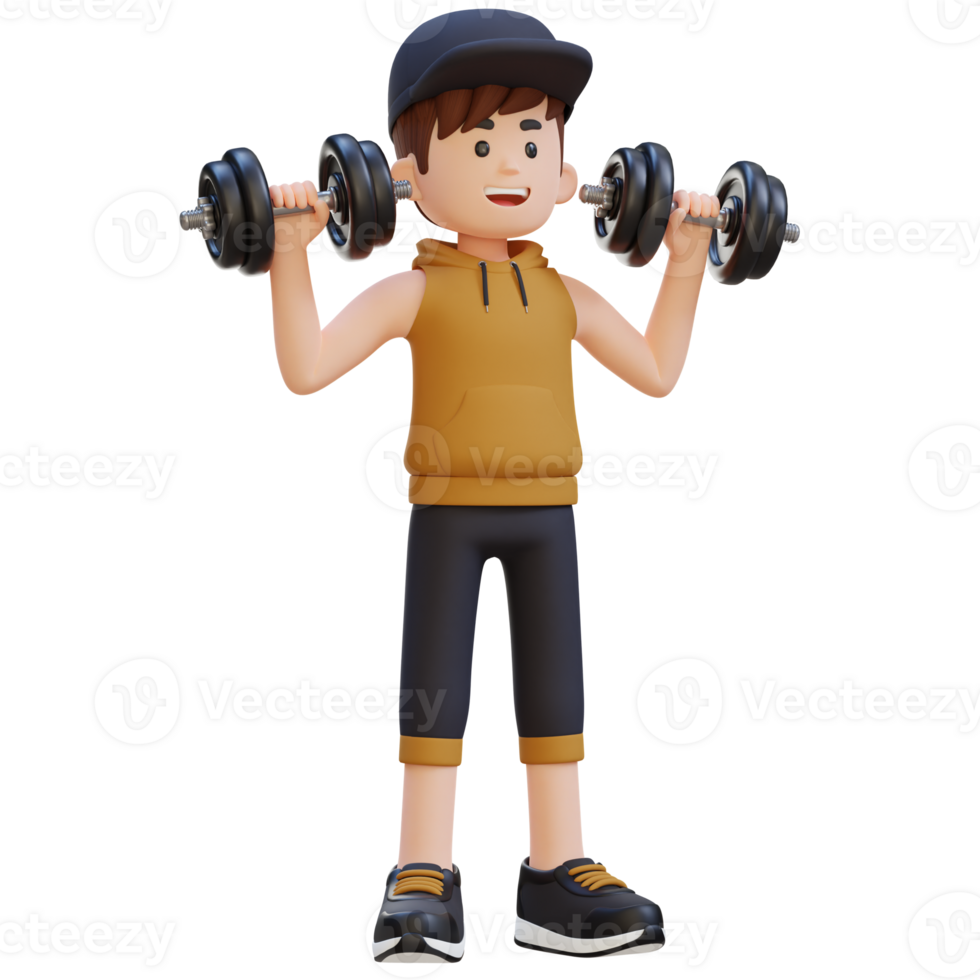3D Sportsman Character Performing Dumbbell Shoulder Press png