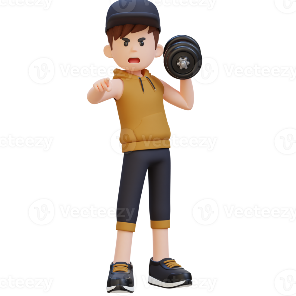3D Screaming Sportsman Character Engaging Viewers While Holding Dumbbell png
