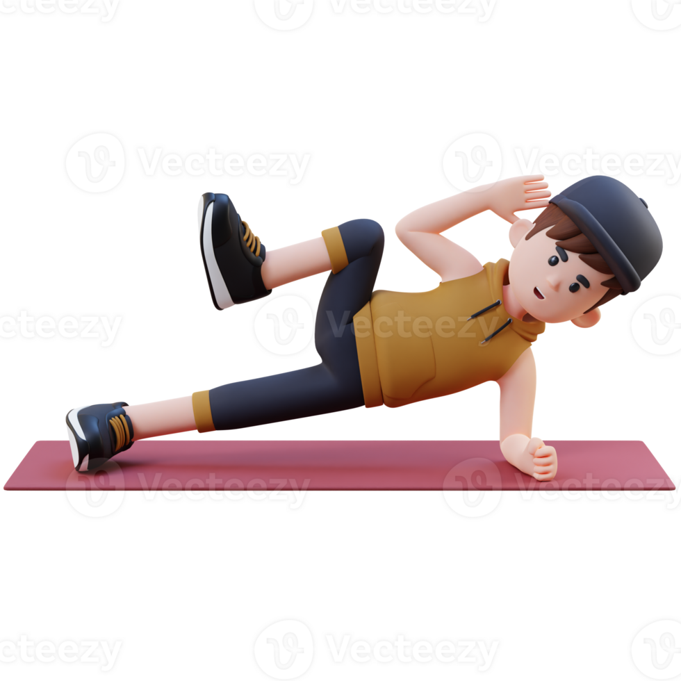 Energetic 3D Sporty Male Character Nailing the Abs Side Plank Crunch Workout at the Gym png