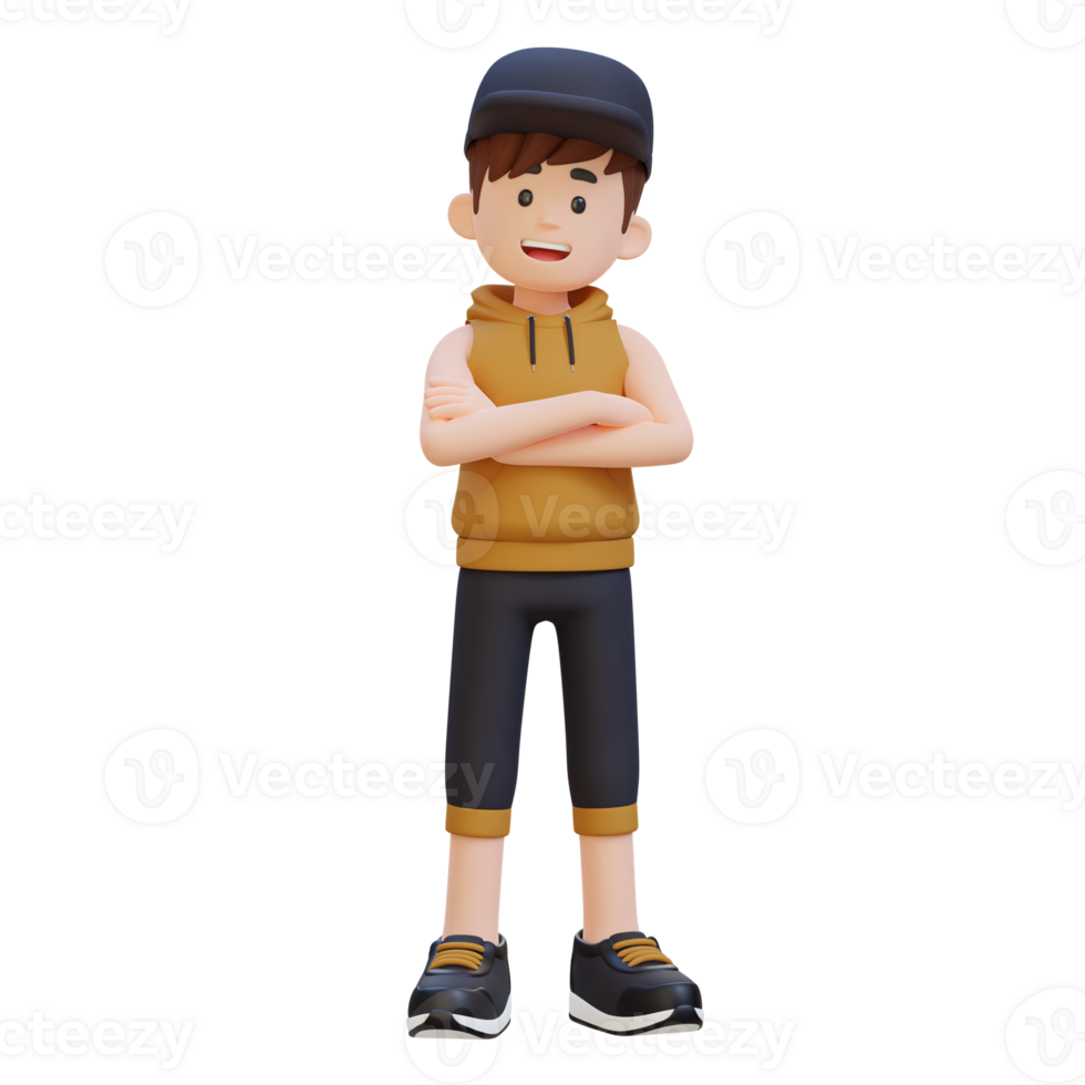 3D Sportsman Character Exuding Confidence with Arms Crossed Pose in a Dynamic Setting png