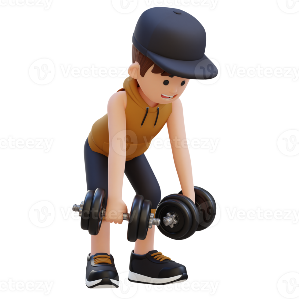 3d deportista personaje ejecutando pesa doblado terminado marcha atrás mosca png