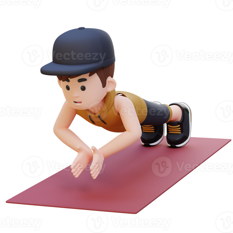 3D Sporty Male Character Performing Clap Push Up Exercise at Home Gym png