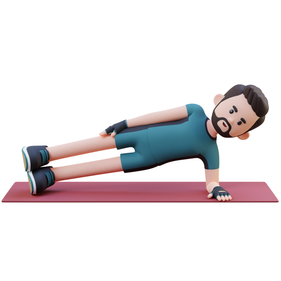 3d deportivo masculino personaje magnífico el lado tablón ejercicio a hogar gimnasio png