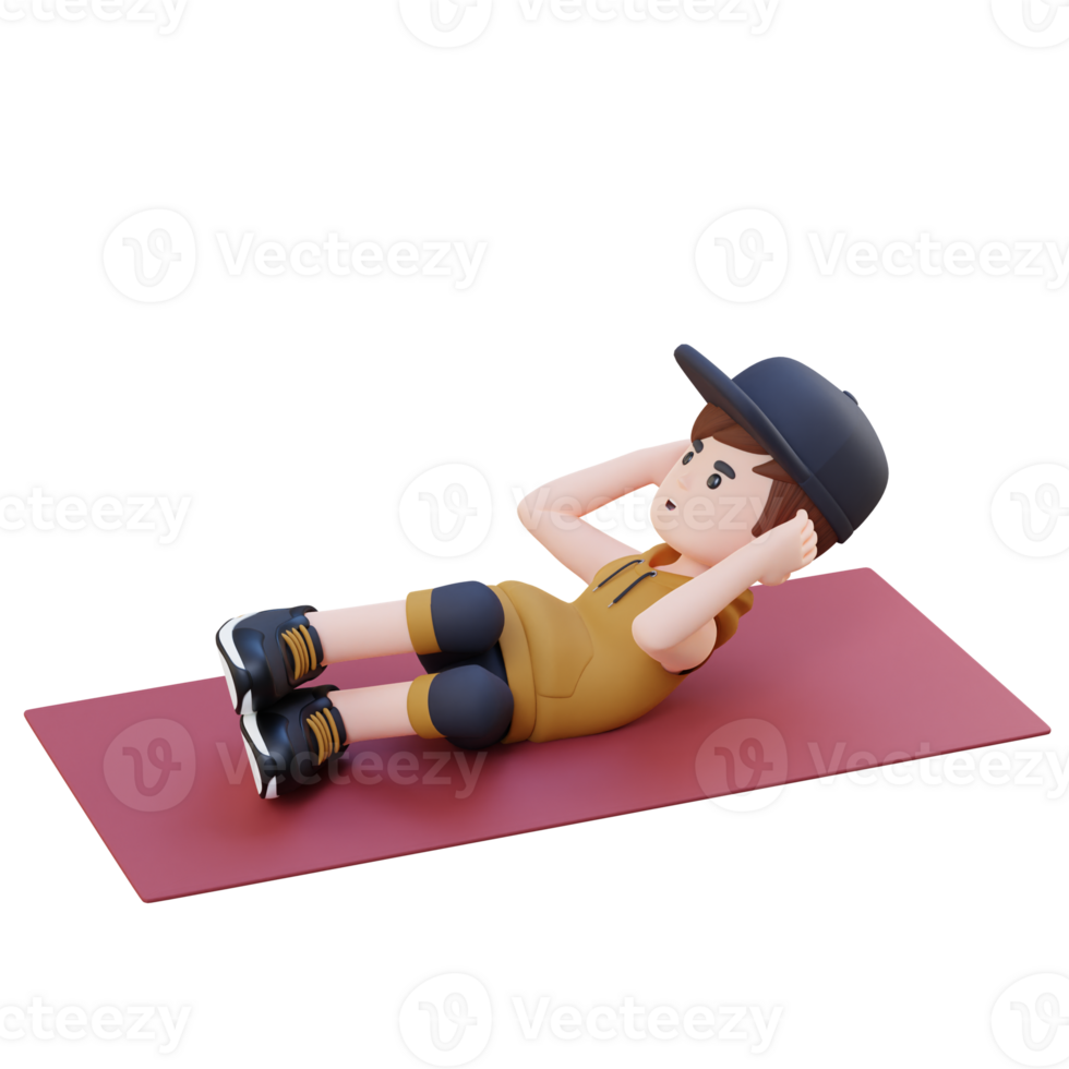 Dynamic 3D Sporty Male Character Engaging in Abs Side Crunch Workout at the Gym png