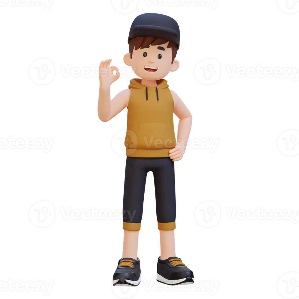 3D Sportsman Character Radiating Positivity with the OK Sign Gesture in a Vibrant Scene png