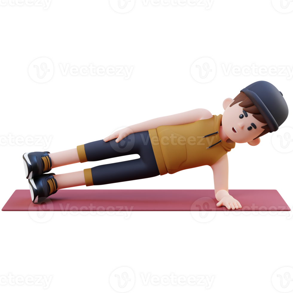 3D Sporty Male Character Nailing the Side Plank Exercise at Home Gym png