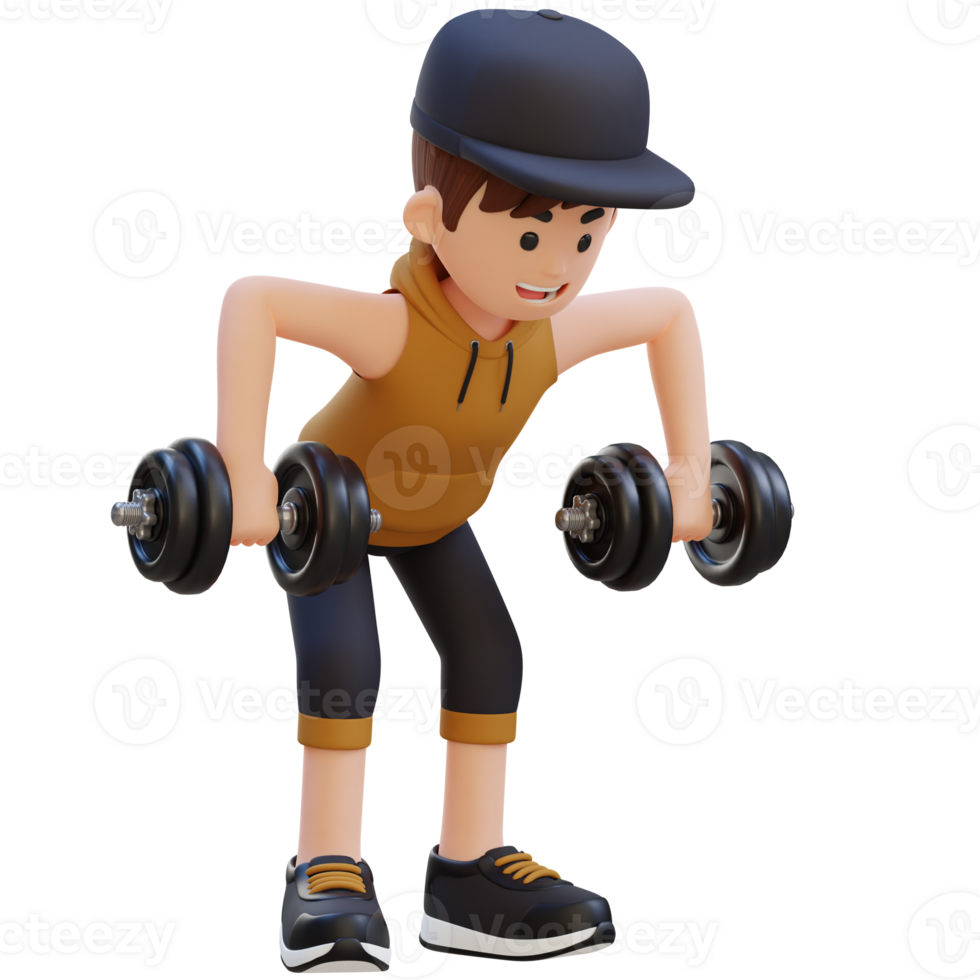 3D Sportsman Character performing Rear Delt Rows with Dumbbells png