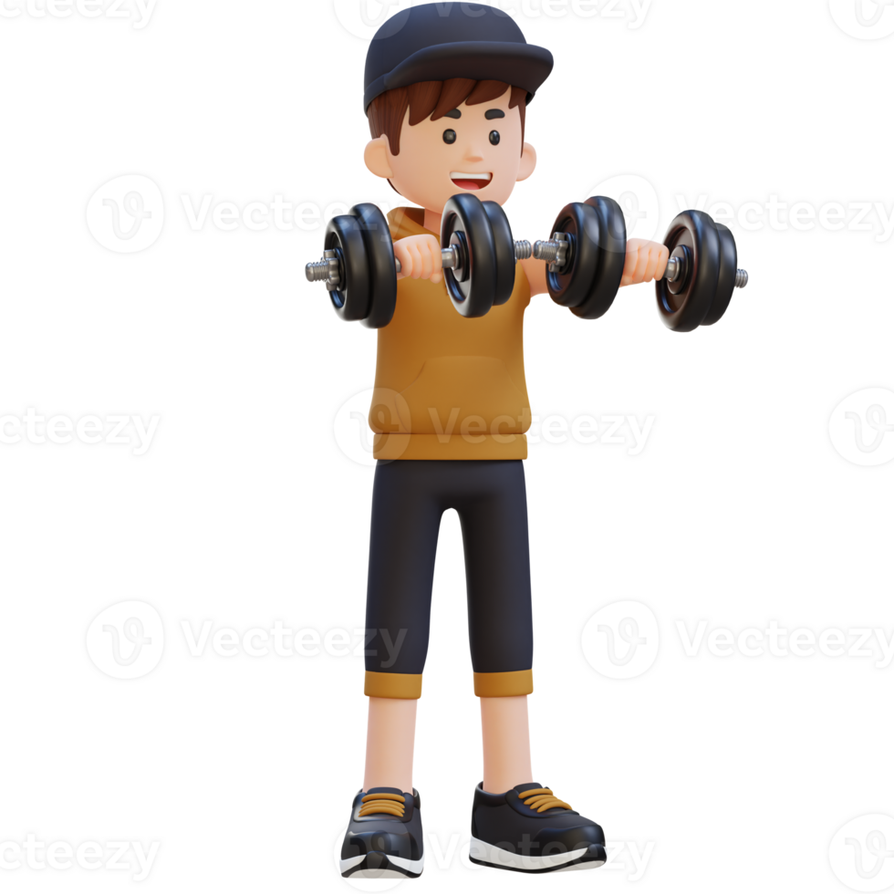 3d deportista personaje ejecutando pesa frente aumento png