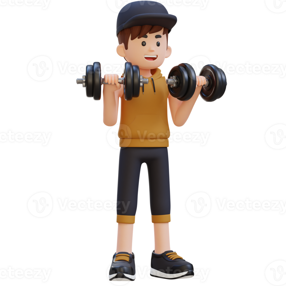 3d deportista personaje ejecutando pesa marcha atrás rizo png