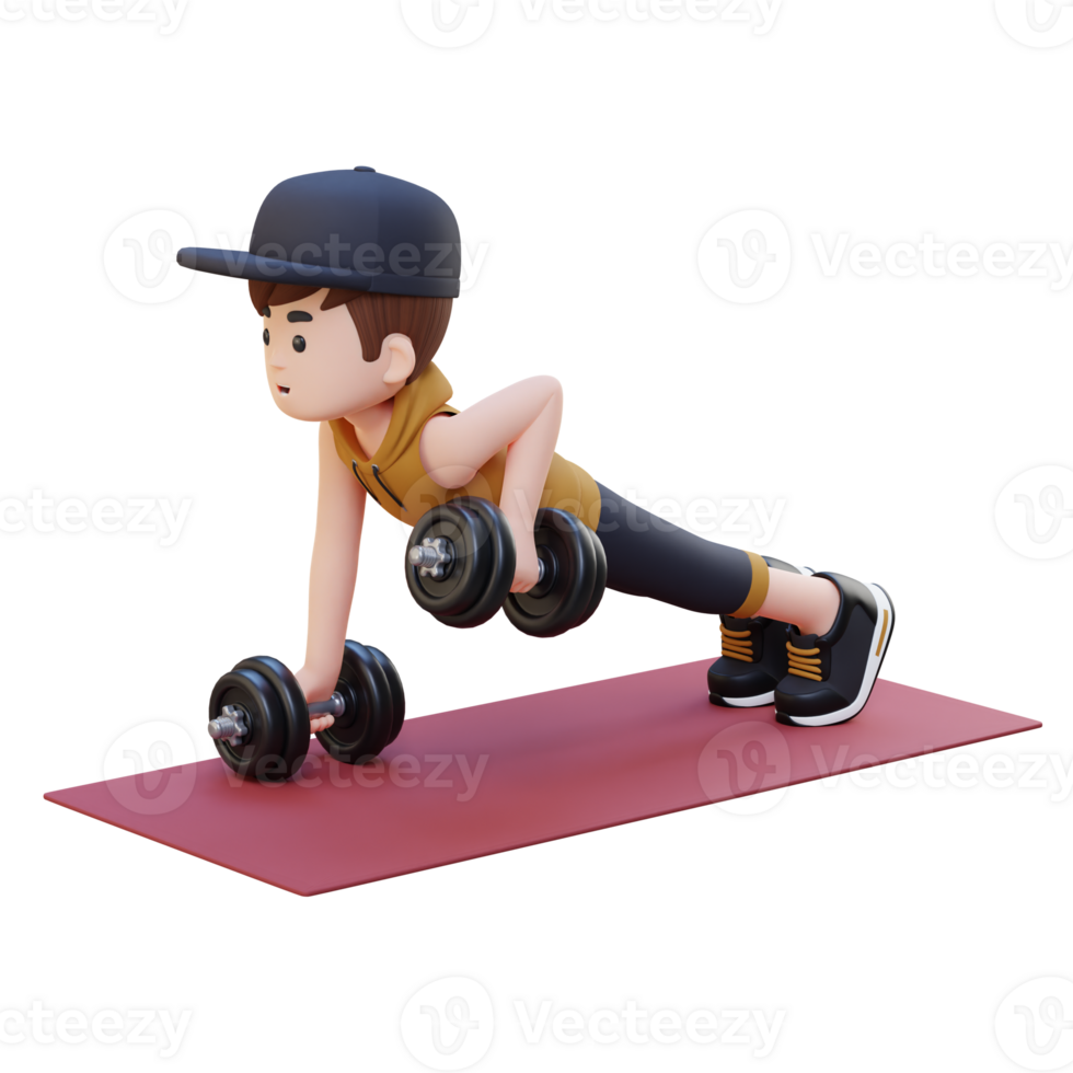3D Sportsman Character Performing Dumbbell Push Up Row png