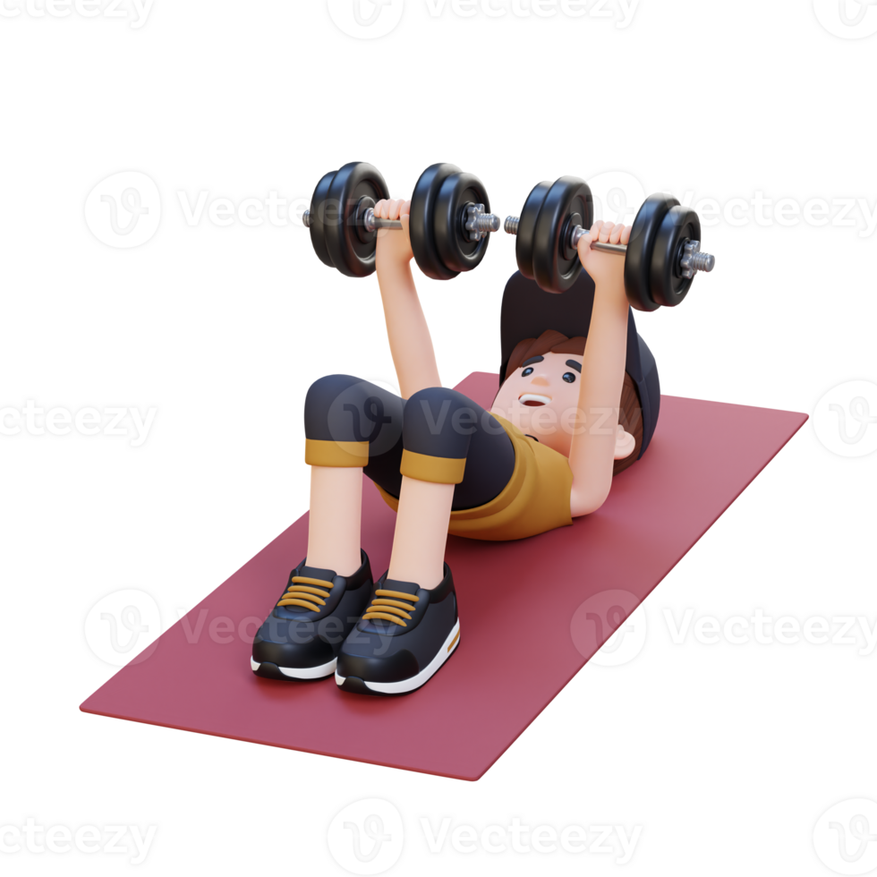 3D Sportsman Character Performing Dumbbell Decline Floor Press png