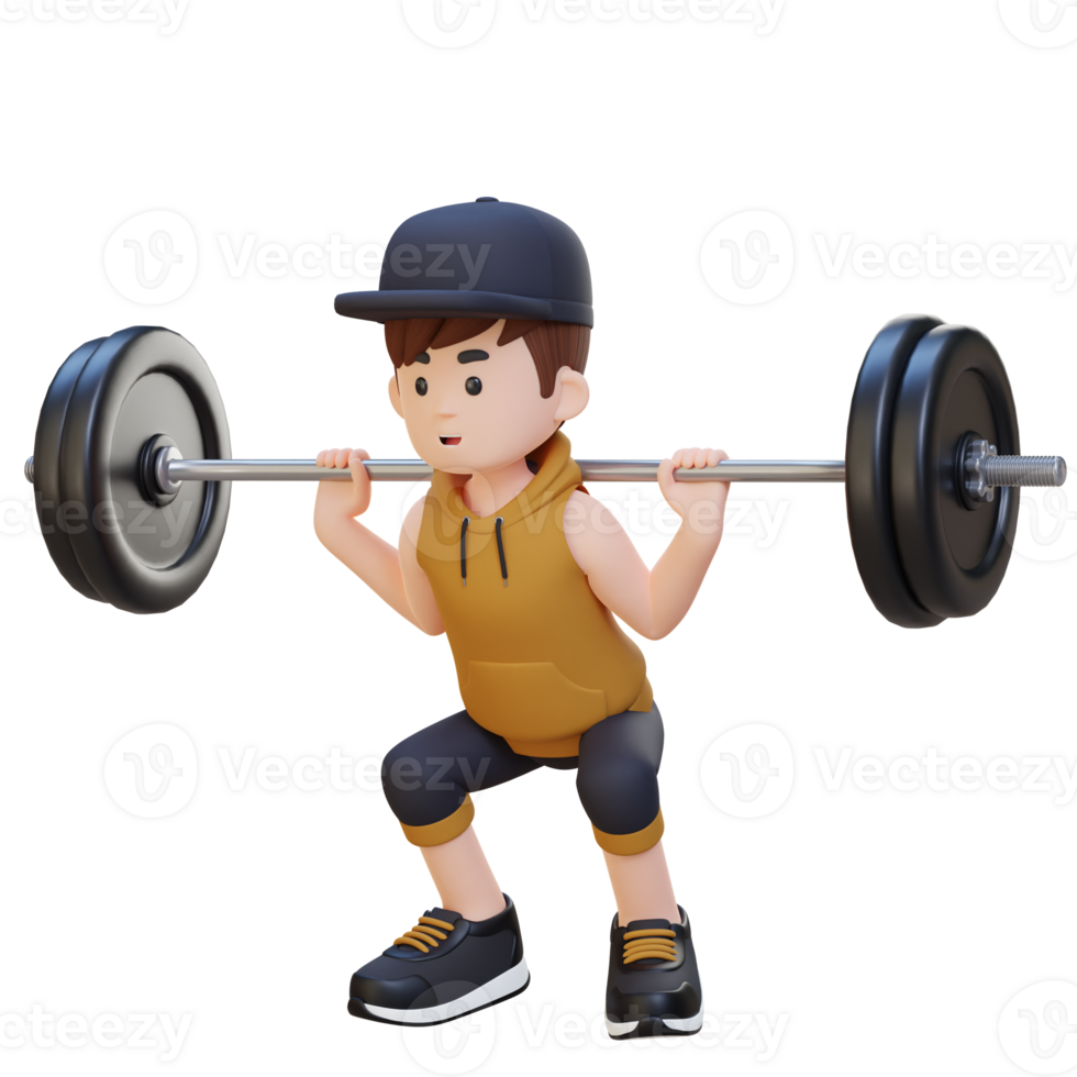 3D Sportsman Character Building Lower Body Strength with Barbell Squat Workout png