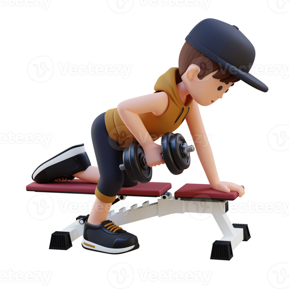3D Sportsman Character Sculpting Back Muscles with Dumbbell Row Exercise png