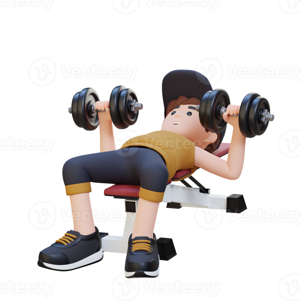 3D Sportsman Character Sculpting Muscular Physique with Dumbbell Bench Press png