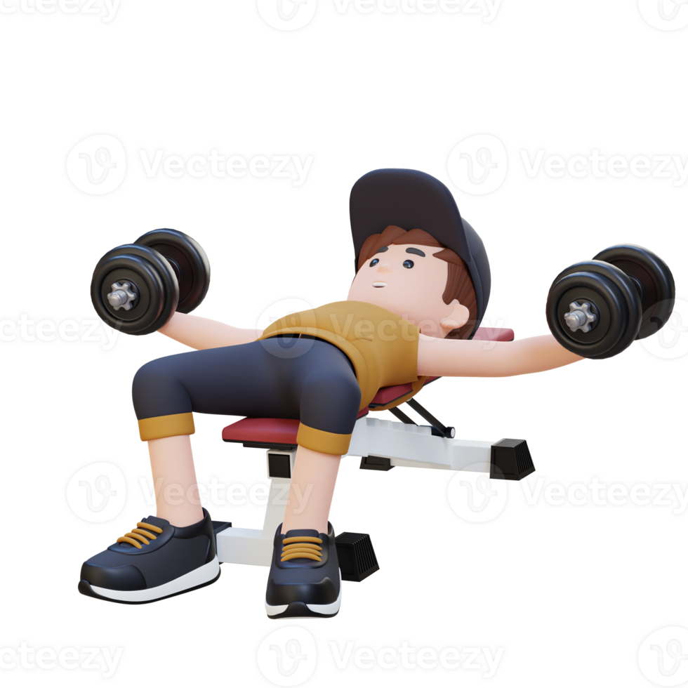 3D Sportsman Character Sculpting Muscular Chest with Dumbbell Bench Chest Fly png