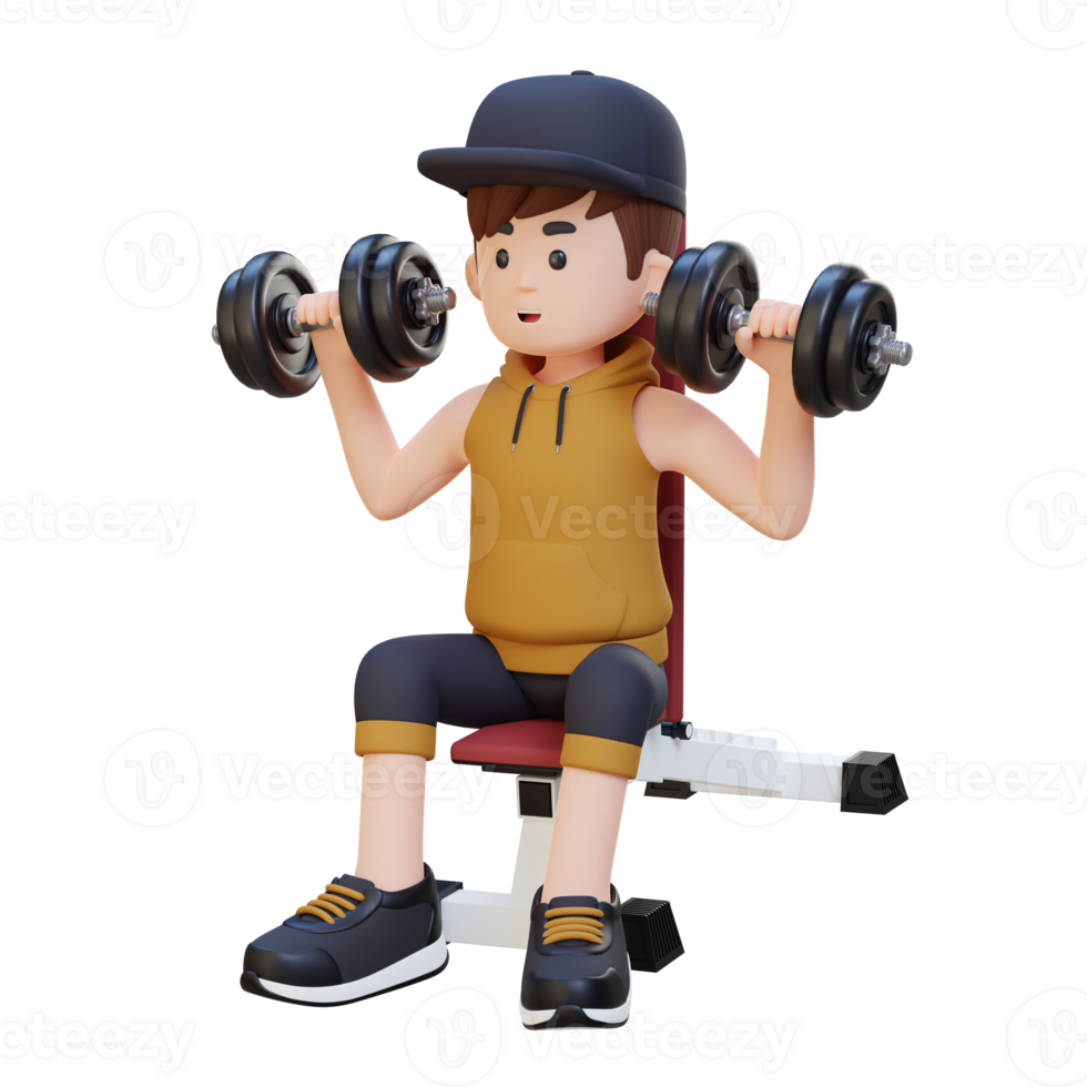 3D Sportsman Character Sculpting Strong Shoulders with Dumbbell Shoulder Bench Press png