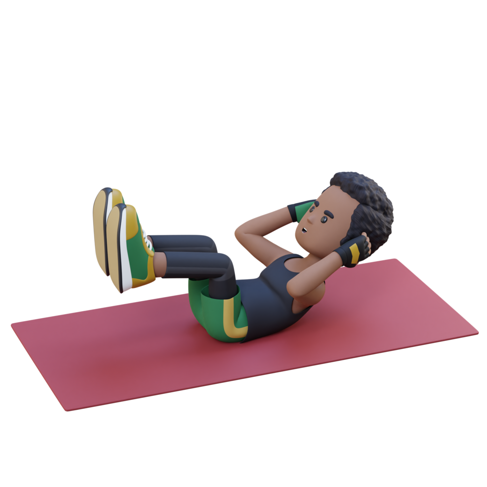 Perfecto abdominales 3d deportivo masculino personaje sobresaliendo en elevado pierna crujido a el gimnasio png