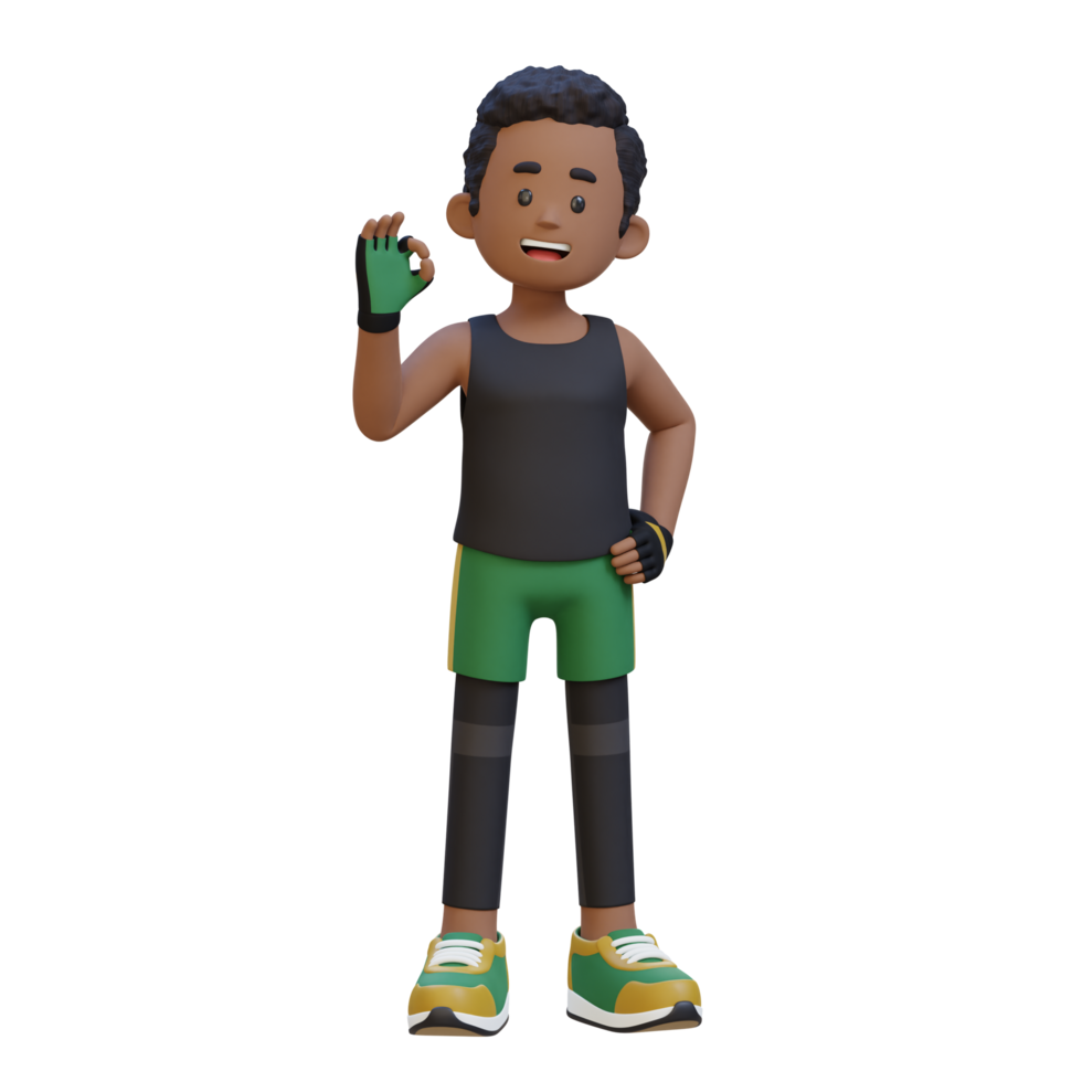 3D Sportsman Character Radiating Positivity with the OK Sign Gesture in a Vibrant Scene png
