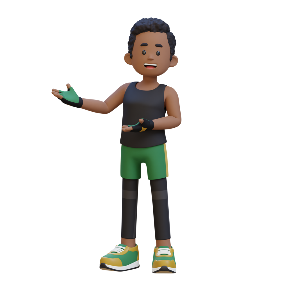 3D Sportsman Character Embracing Confidence with a Dynamic Hand Presentation Pose png