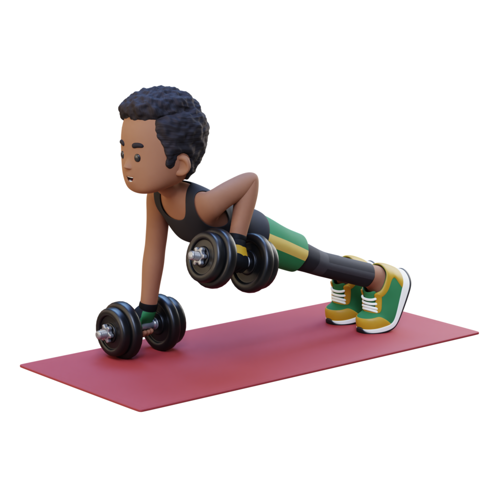 3D Sportsman Character Performing Dumbbell Push Up Row png