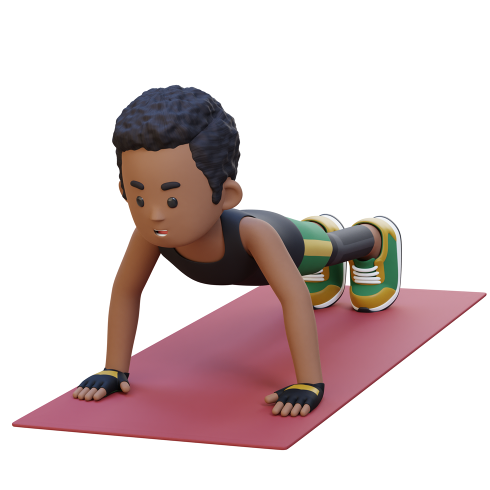 3d desportivo masculino personagem realizando padrão empurrar acima exercício às casa Academia png