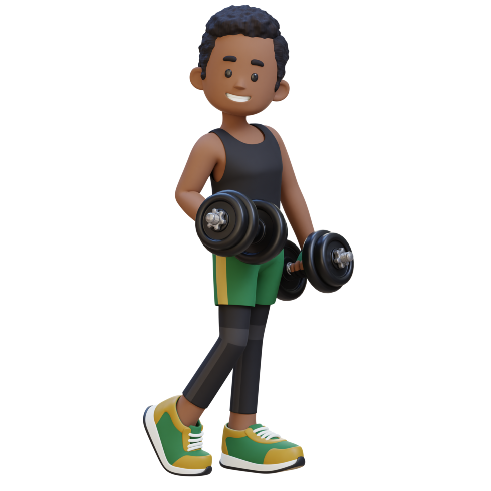 3D Sporty Male Character Showcasing Cool Standing Pose and Holding Dumbbell with Confidence png