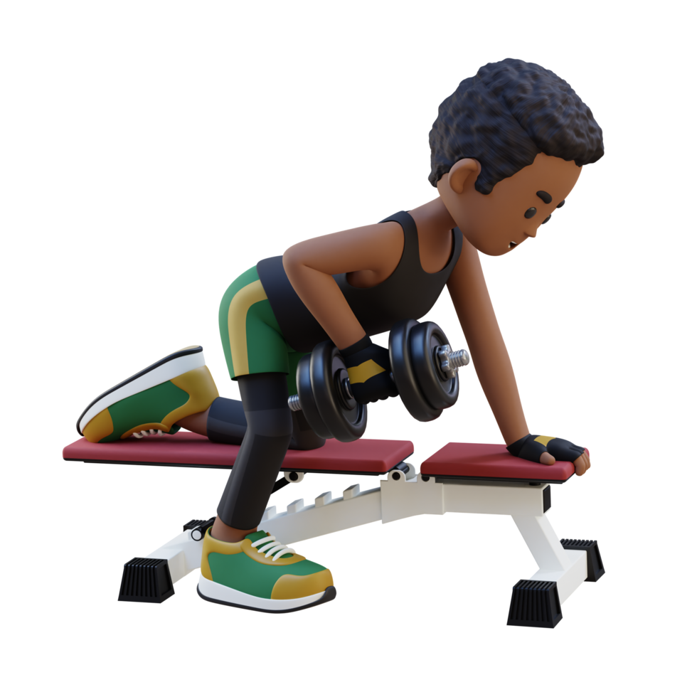 3d desportista personagem escultura costas músculos com haltere linha exercício png