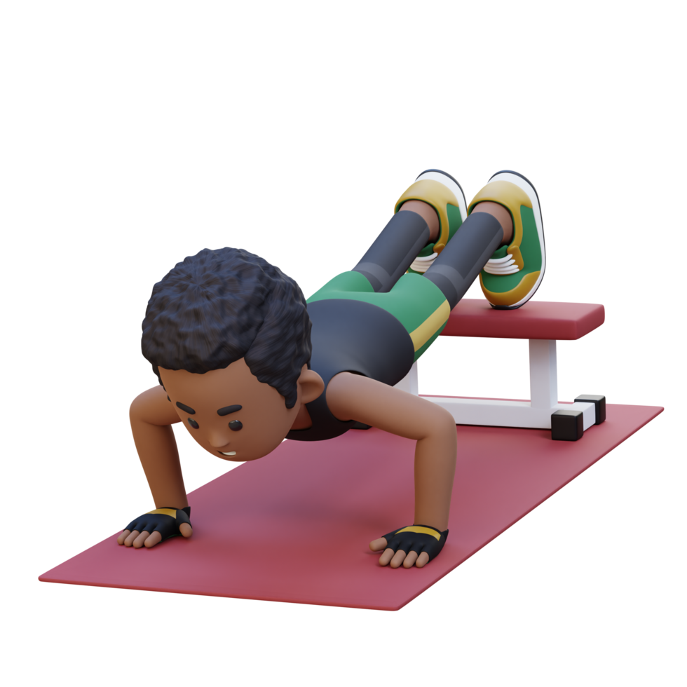 3D Sporty Male Character Performing Decline Push Up Exercise at the Gym png