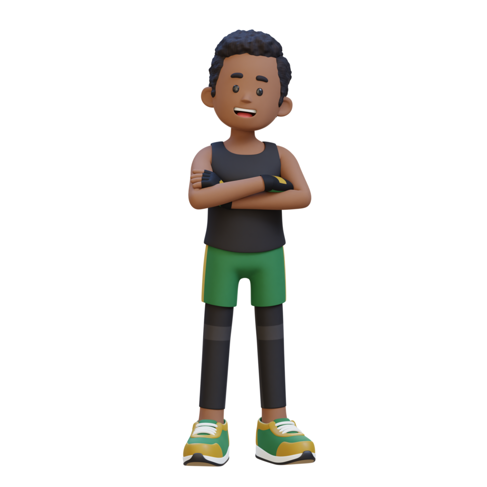 3D Sportsman Character Exuding Confidence with Arms Crossed Pose in a Dynamic Setting png