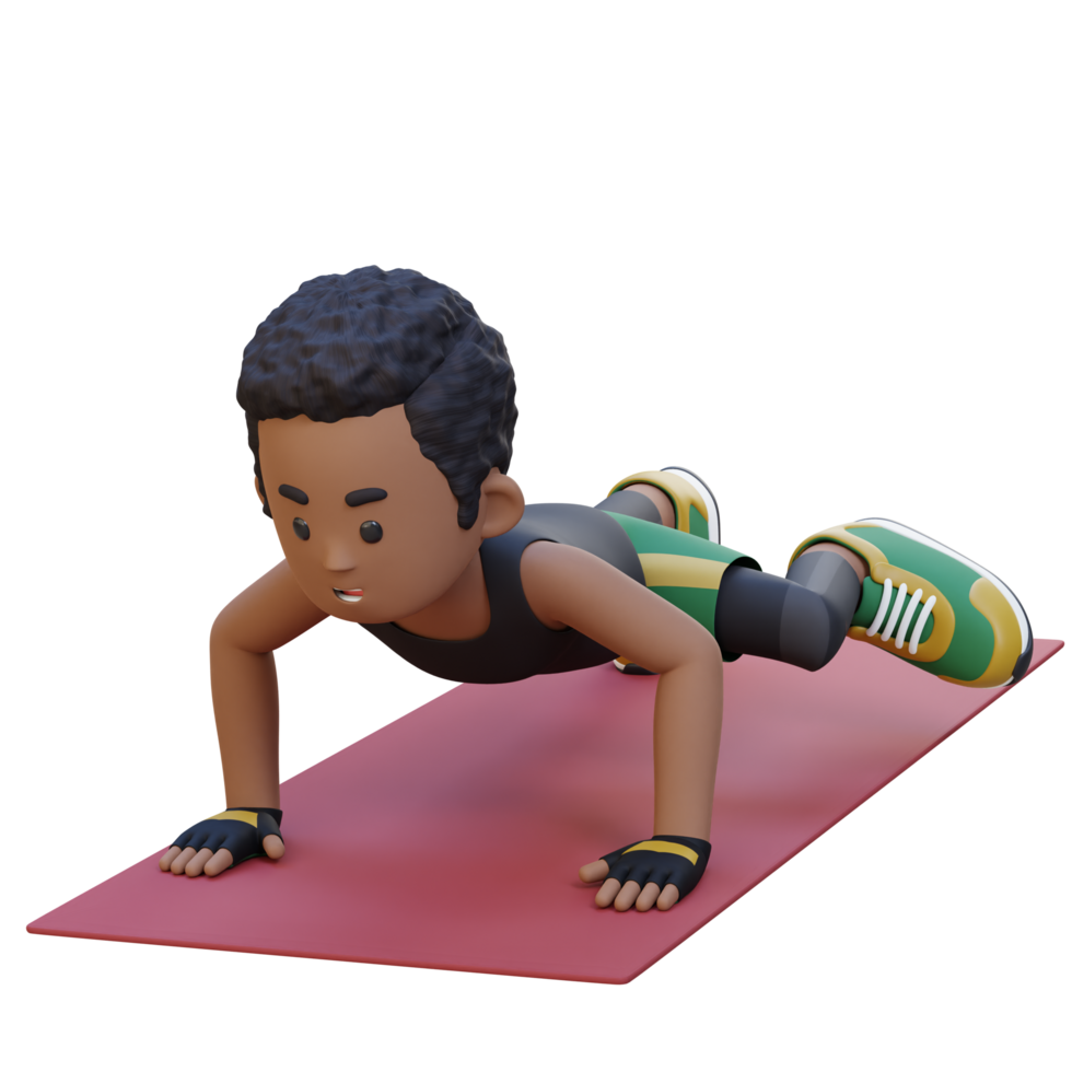 3D Sporty Male Character Performing Spiderman Push Up Exercise at Home Gym png