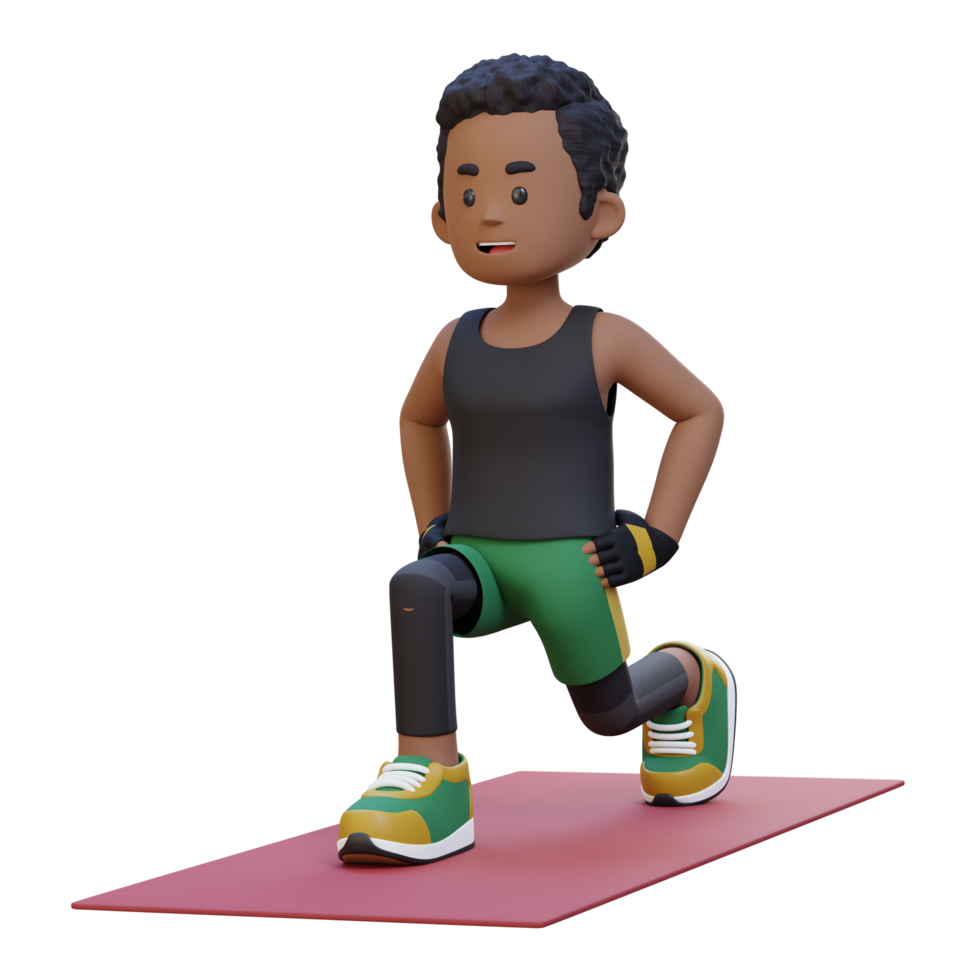 3D Sporty Male Character Performing Dynamic Lunges at the Gym png