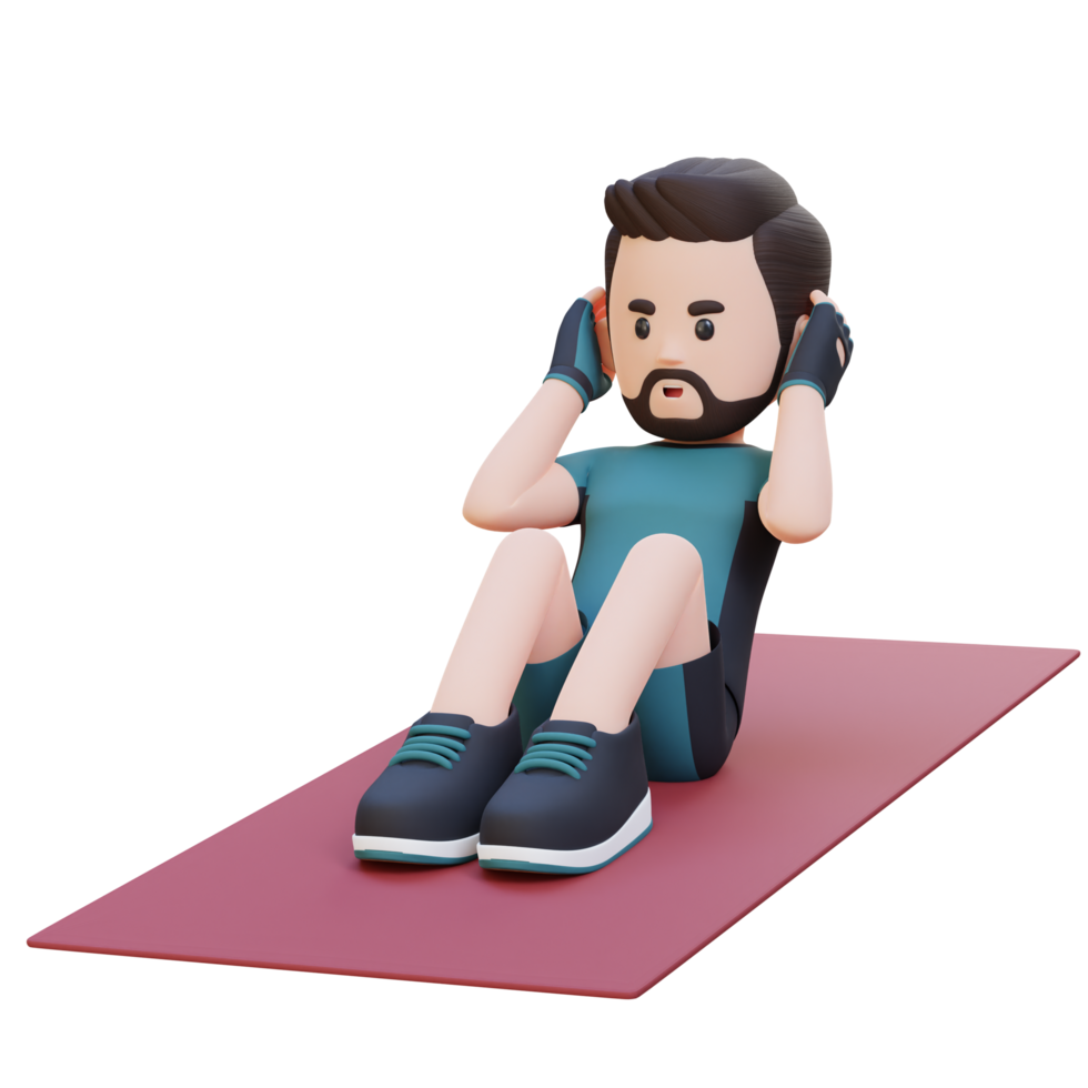 Perfect Abs 3D Sporty Male Character Mastering the Standard Crunch at the Gym png