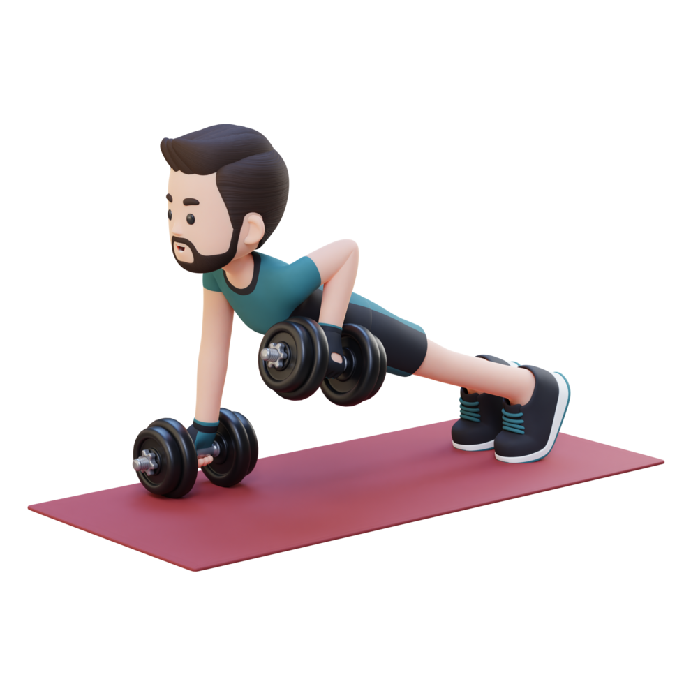 3D Sportsman Character Performing Dumbbell Push Up Row png