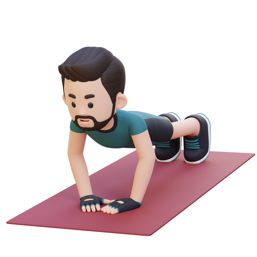 3d deportivo masculino personaje ejecutando cerca apretón empujar arriba ejercicio a hogar gimnasio png