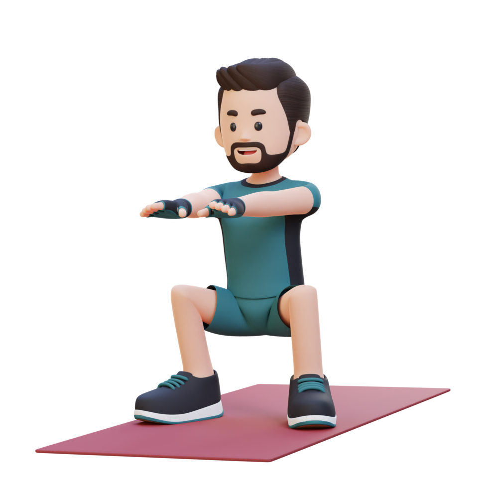 3D Sporty Male Character Mastering Squats in Home Gym png