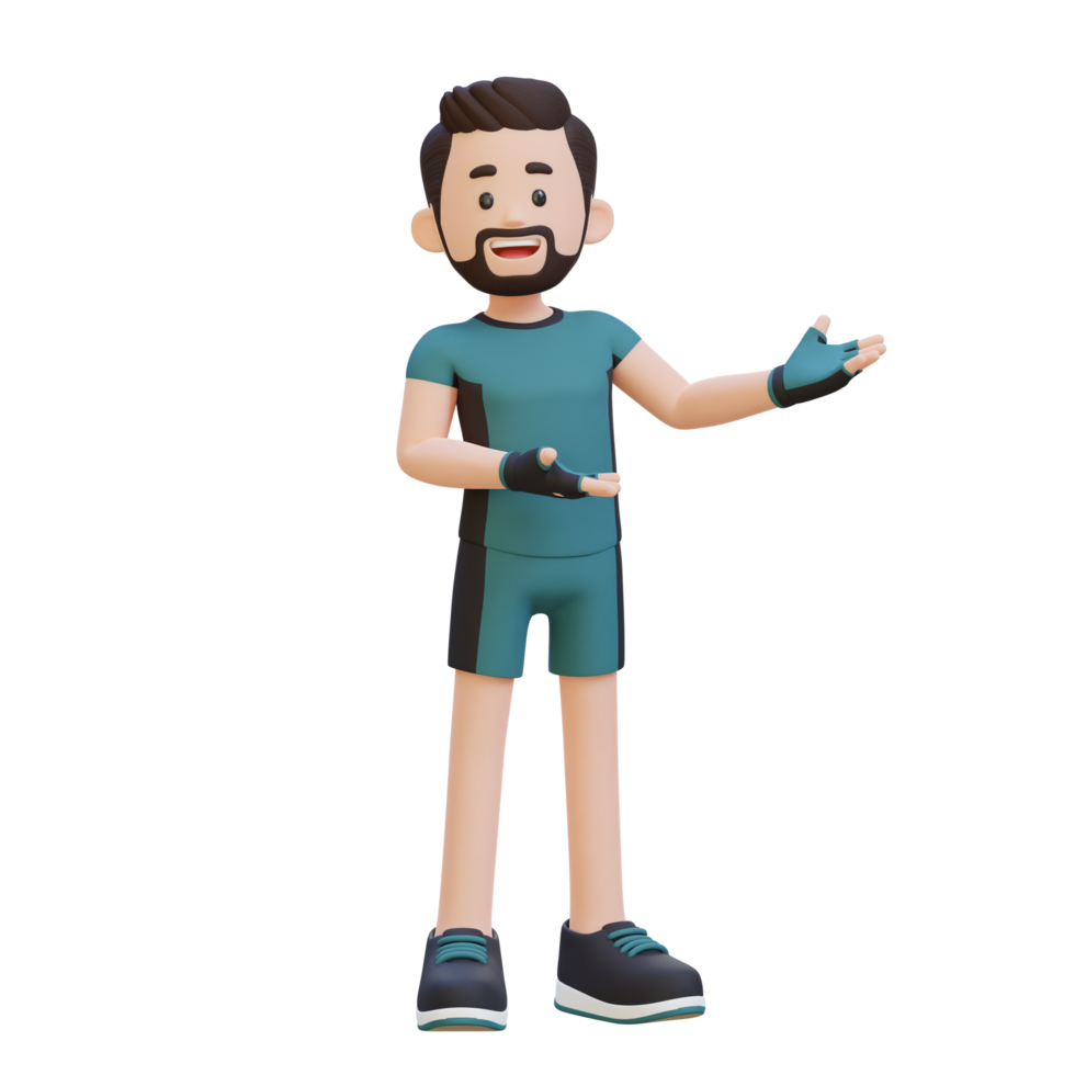 3D Sportsman Character Embracing Confidence with a Dynamic Hand Presentation Pose png