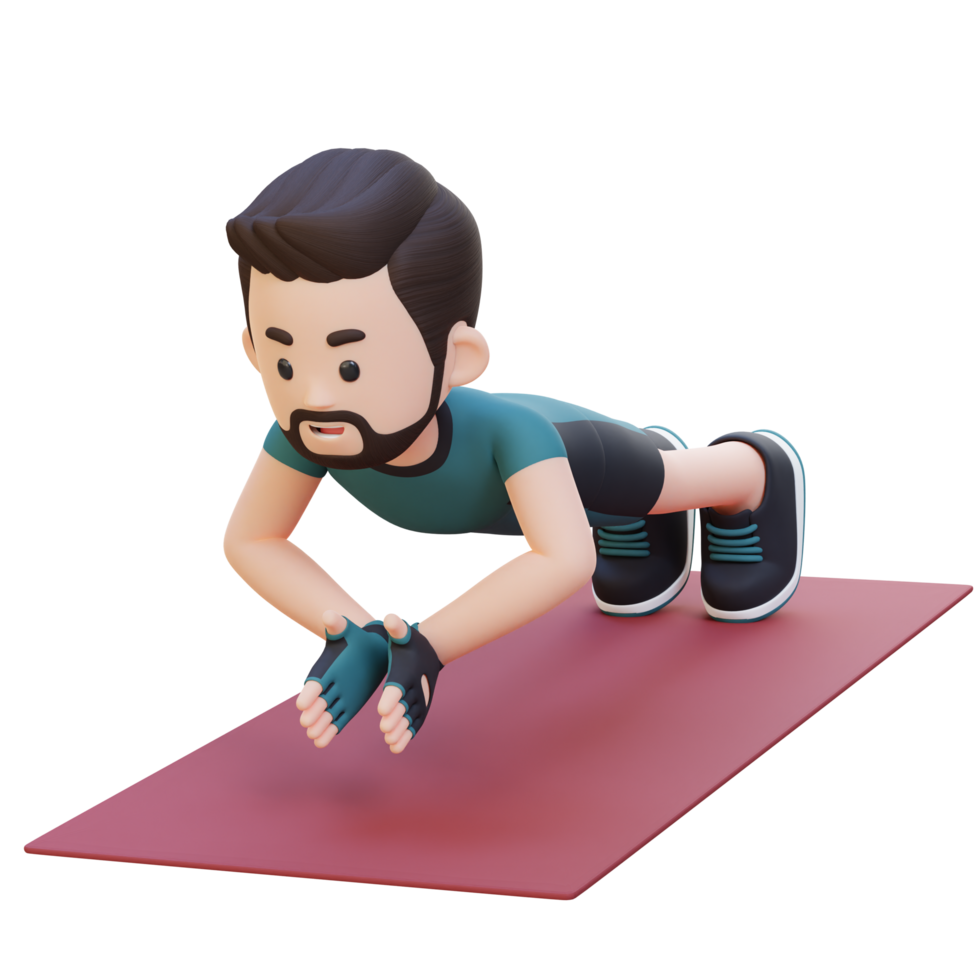 3D Sporty Male Character Performing Clap Push Up Exercise at Home Gym png