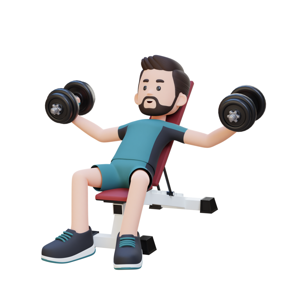 3d desportista personagem escultura muscular peito com inclinar Banco haltere peito mosca png