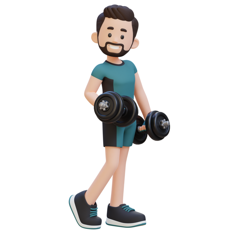 3D Sporty Male Character Showcasing Cool Standing Pose and Holding Dumbbell with Confidence png