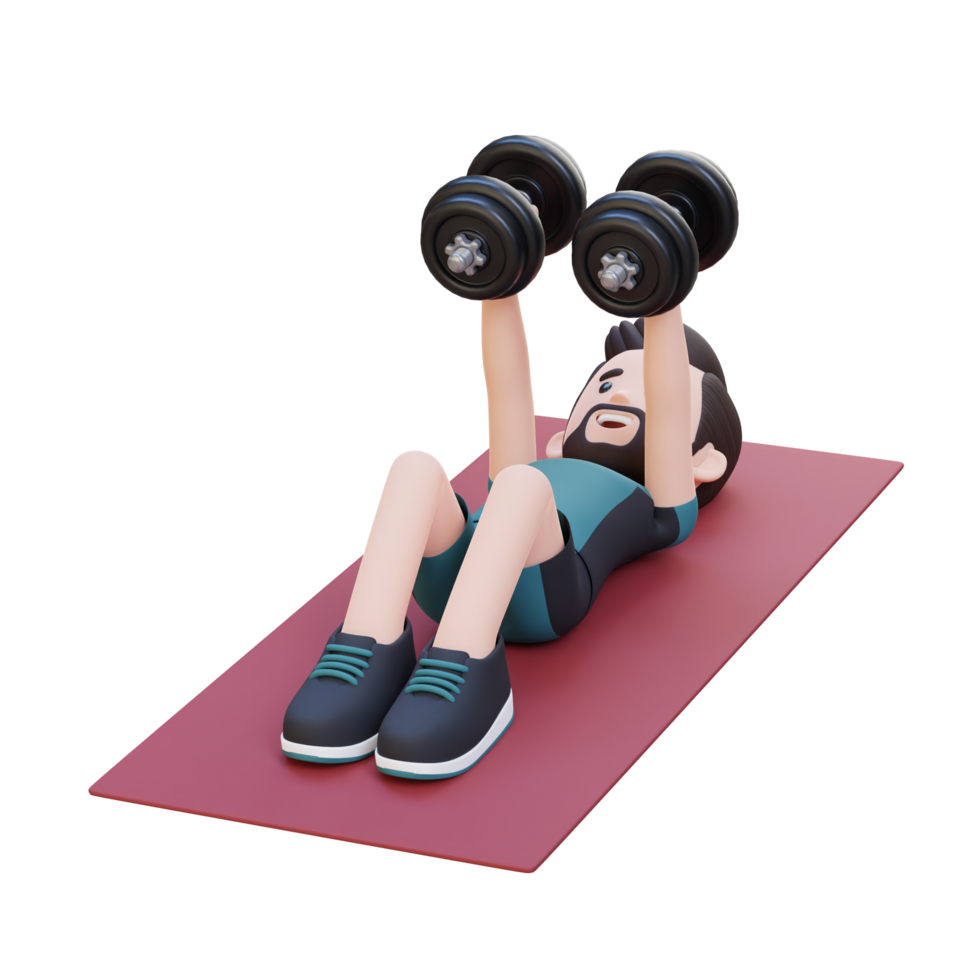3D Sportsman Character Performing Dumbbell Chest Fly png