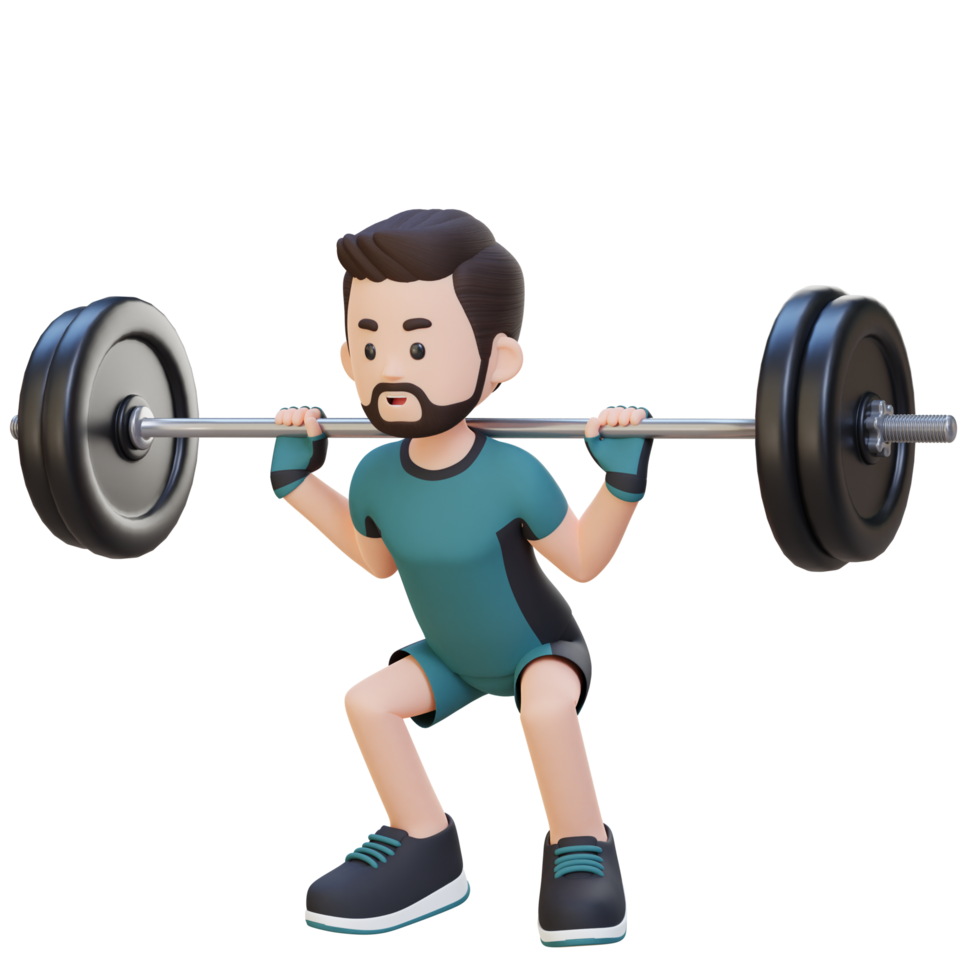 3d deportista personaje edificio inferior cuerpo fuerza con barra con pesas ponerse en cuclillas rutina de ejercicio png