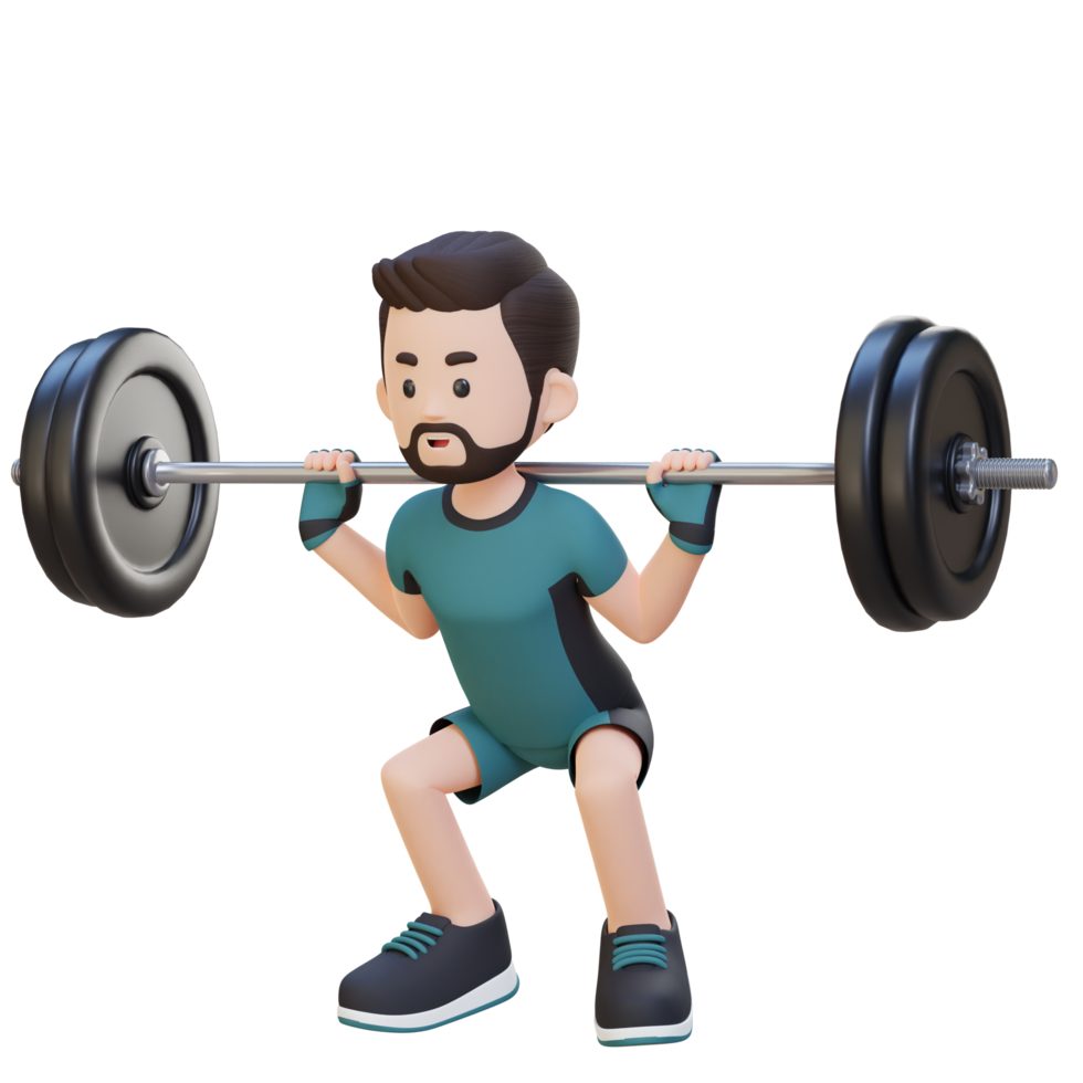 3D Sportsman Character Building Lower Body Strength with Barbell Squat Workout png