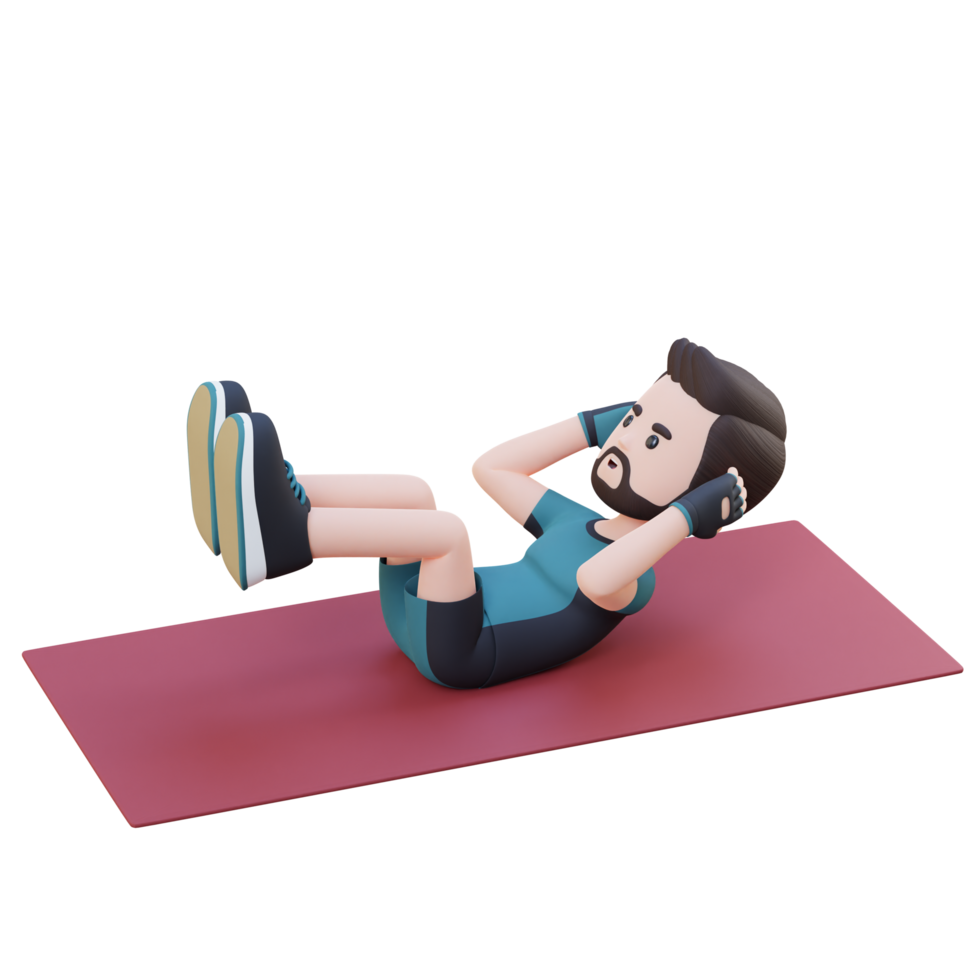Perfect Abs 3D Sporty Male Character Excelling in Raised Leg Crunch at the Gym png