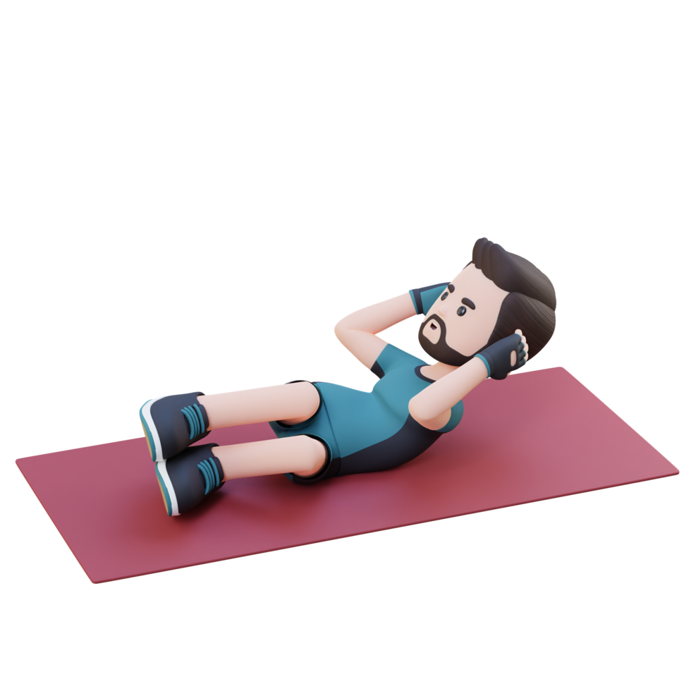 Dynamic 3D Sporty Male Character Engaging in Abs Side Crunch Workout at the Gym png