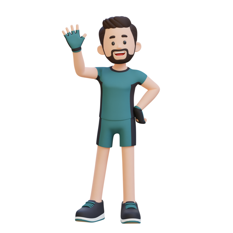 3d desportista personagem abraçando uma vibrante estilo de vida com uma amigáveis onda png