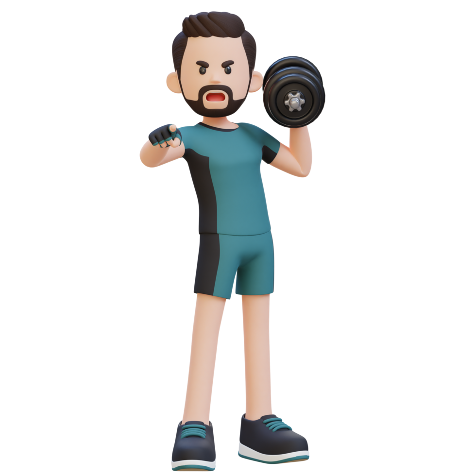 3D Screaming Sportsman Character Engaging Viewers While Holding Dumbbell png