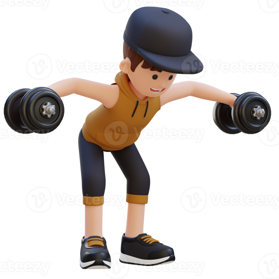 3D Sportsman Character Performing Dumbbell Bent Over Reverse Fly png