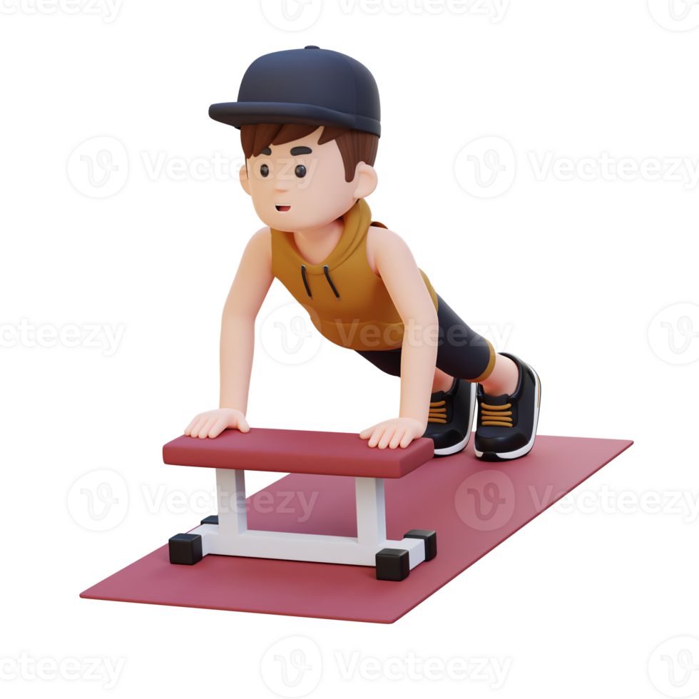 3D Sporty Male Character Performing Inline Push Up Exercise at the Gym png