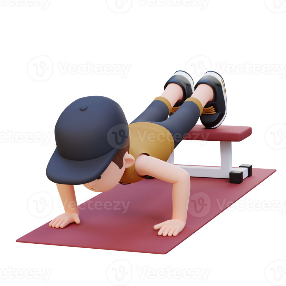 3D Sporty Male Character Performing Decline Push Up Exercise at the Gym png